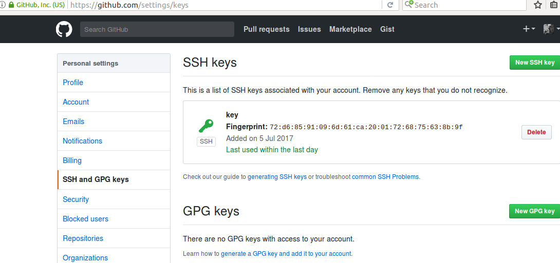 Добавть SSH ключ на github